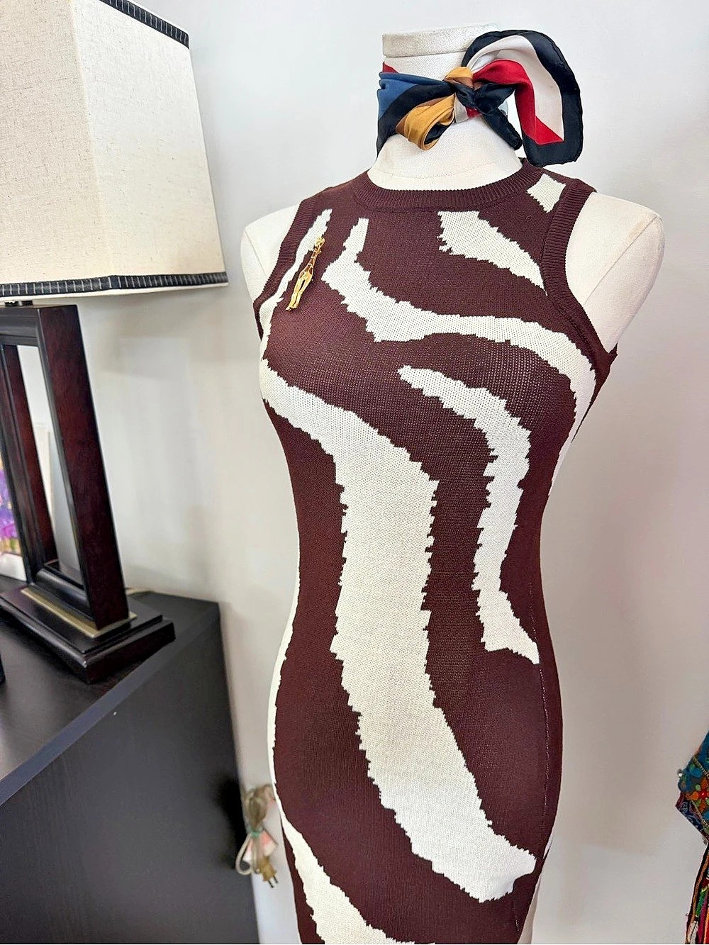 Abstract Knit Mini Dress in Brown & Cream Like New